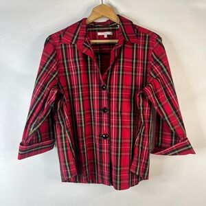 Foxcroft Button Down Shirt Womens 16P Red Plaid Wrinkle Free 3/4 Sleeve Shaped